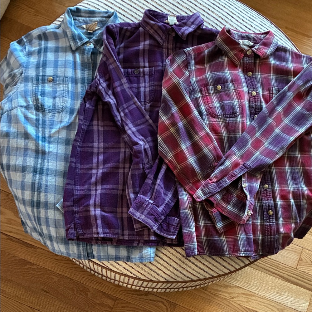 Duluth Trading Co Plaid women’s flannel Shirt Trio - Blue, Purple, Red